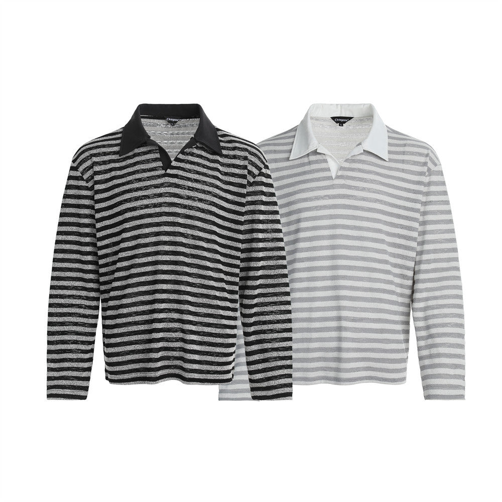 Long Sleeve Mens Polo Shirt – Relaxed Fit Striped Rugby Collar Top
