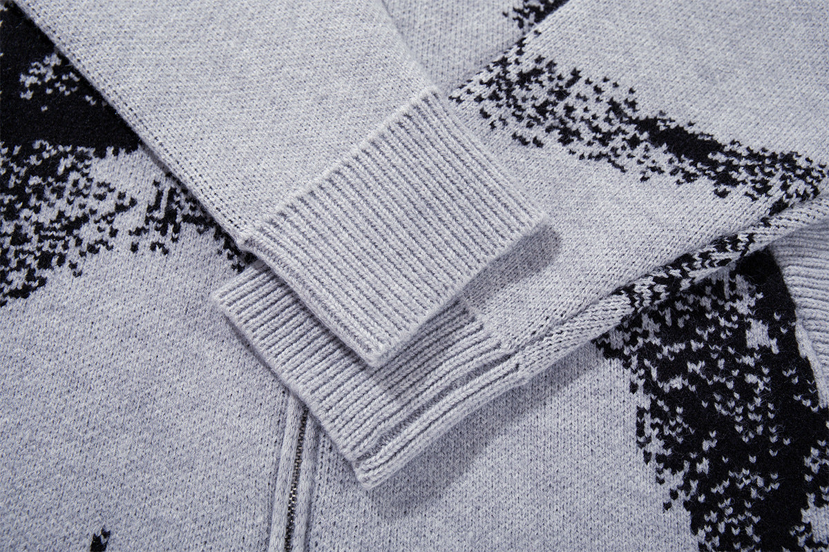 Abstract Bear Jacquard Knit Zip-Up Cardigan Sweater – Oversized High-Street