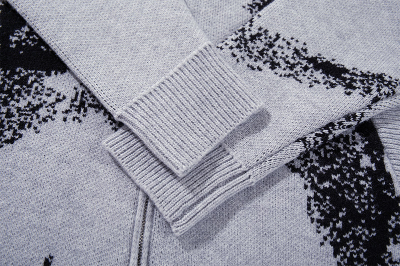 Abstract Bear Jacquard Knit Zip-Up Cardigan Sweater – Oversized High-Street