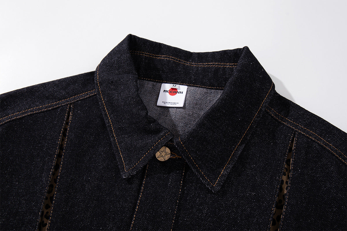 Dark Denim Boxy Jacket with Leopard Print Inset Panels