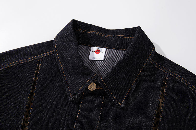 Dark Denim Boxy Jacket with Leopard Print Inset Panels