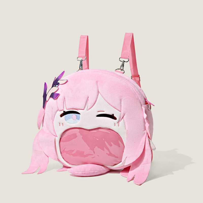 The Seakoff Honkai Impact 3rd Seele Vollerei Plush Shoulder Bag features a round design inspired by the game, with light pink hair, pink adjustable straps, a transparent mouth pocket, and a purple leaf-like hair accessory against a neutral background.