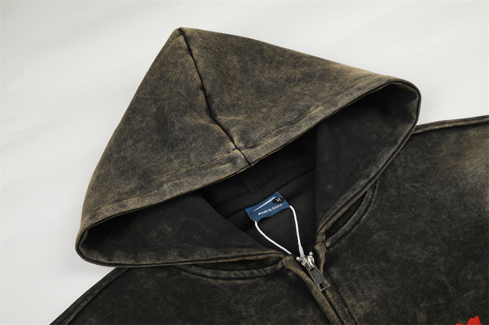 Acid-Wash-Zip-Hoodie mit Hufeisen-Stamp & Rider-Grafik – Oversize-Passform