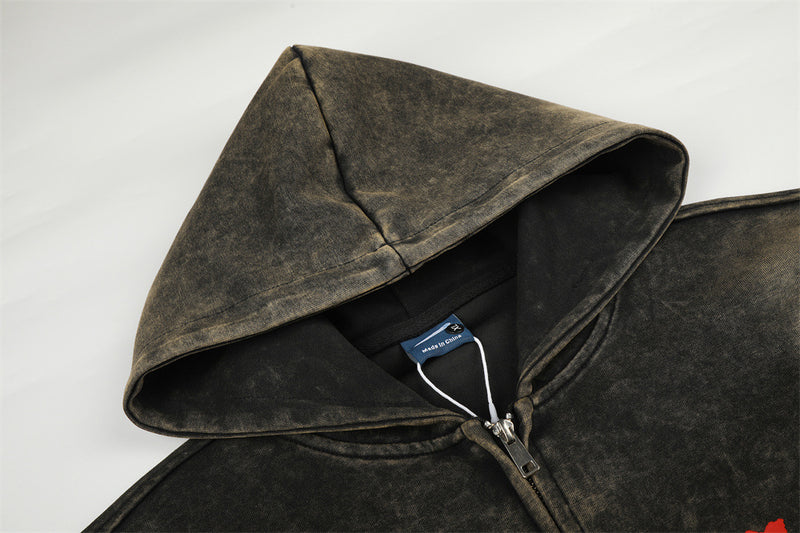 Acid-Wash-Zip-Hoodie mit Hufeisen-Stamp & Rider-Grafik – Oversize-Passform