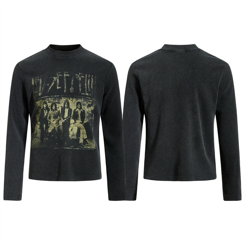 Men's Black Long Sleeve Shirt – Led Zeppelin Vintage Band Graphic Waffle Knit
