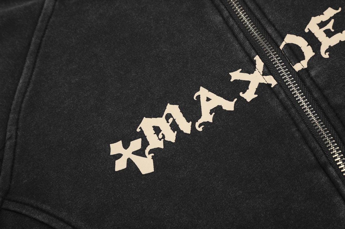 Cross Print Washed Zip-Up Hoodie – Cropped Black Streetwear Jacket
