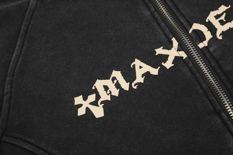 Cross Print Washed Zip-Up Hoodie – Cropped Black Streetwear Jacket