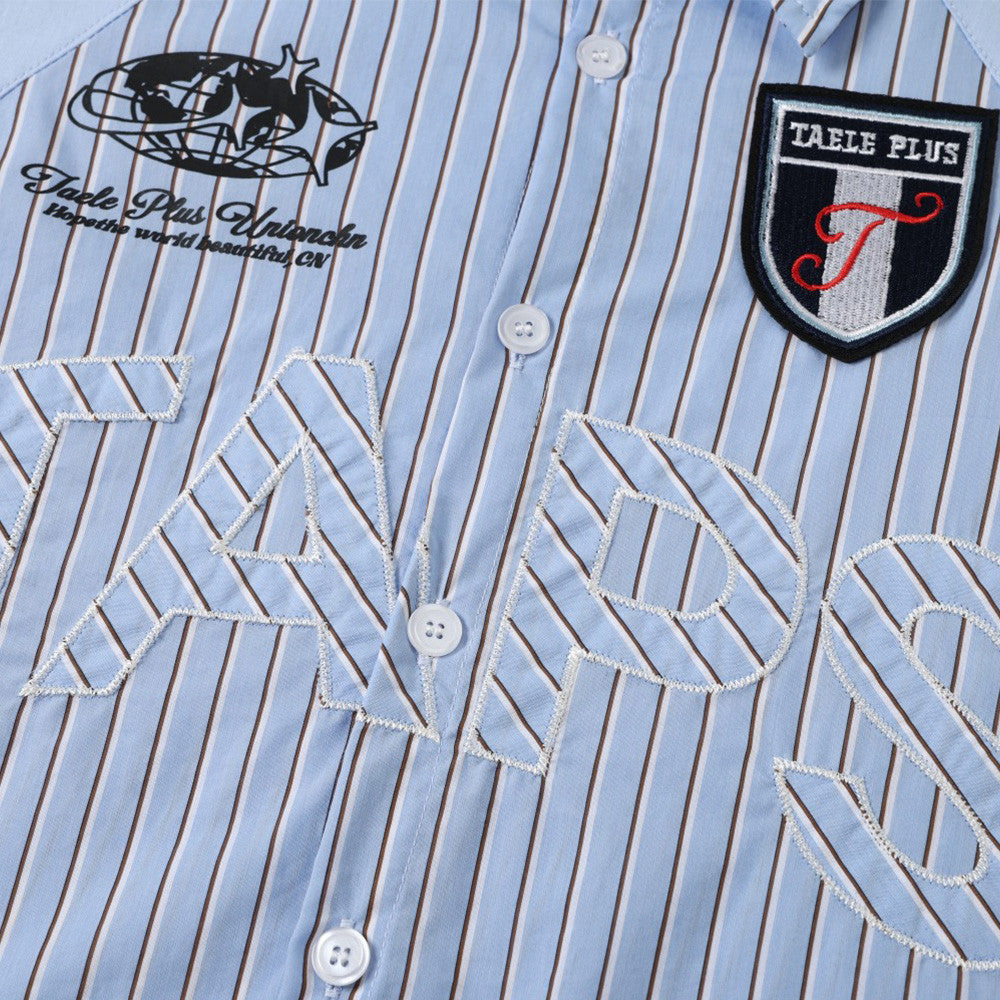 Men's Light Blue Striped Long-Sleeve Button-Down Shirt with Letter Embroidery