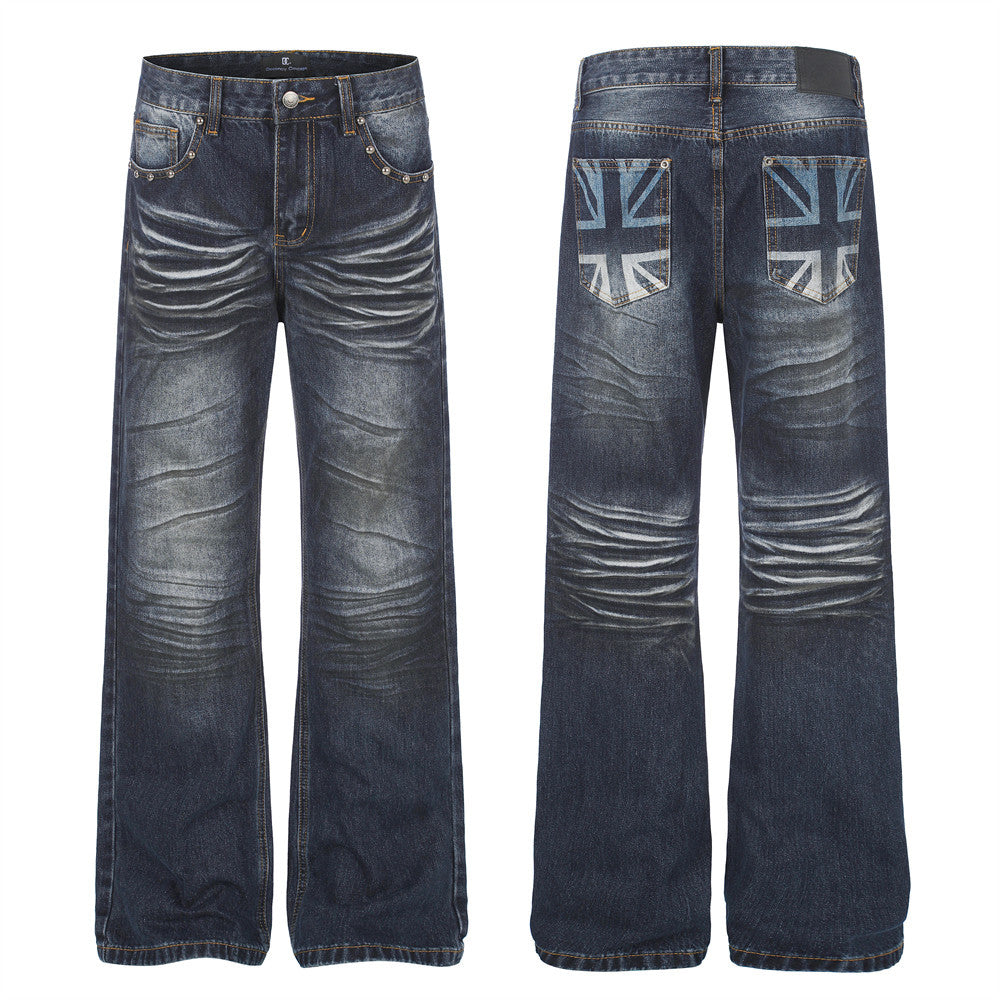 Men's Washed Distressed Straight-Leg Jeans with Union Jack Back Pockets