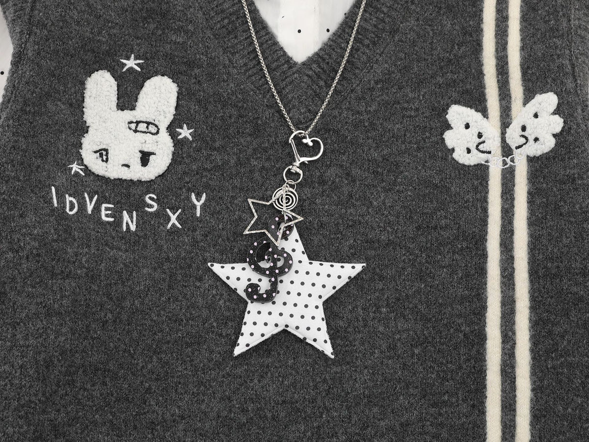 Sweater Faux Two-Piece Knit Vest with Polka Dot Shirt Collar & Bunny Embroidery