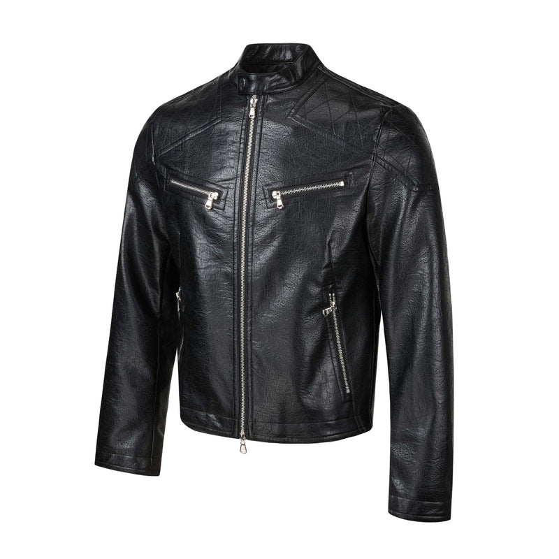 Faux Leather Moto Biker Jacket – Stand Collar with Zip Pockets