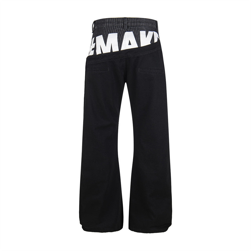Irregular Spliced Wide-Leg Flare Jeans with Letter Print Waistband