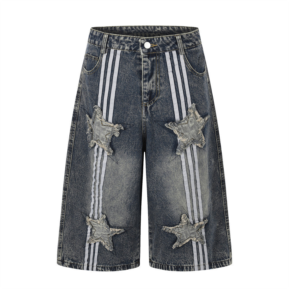 Vintage Washed Star Patch Stripe Denim Shorts