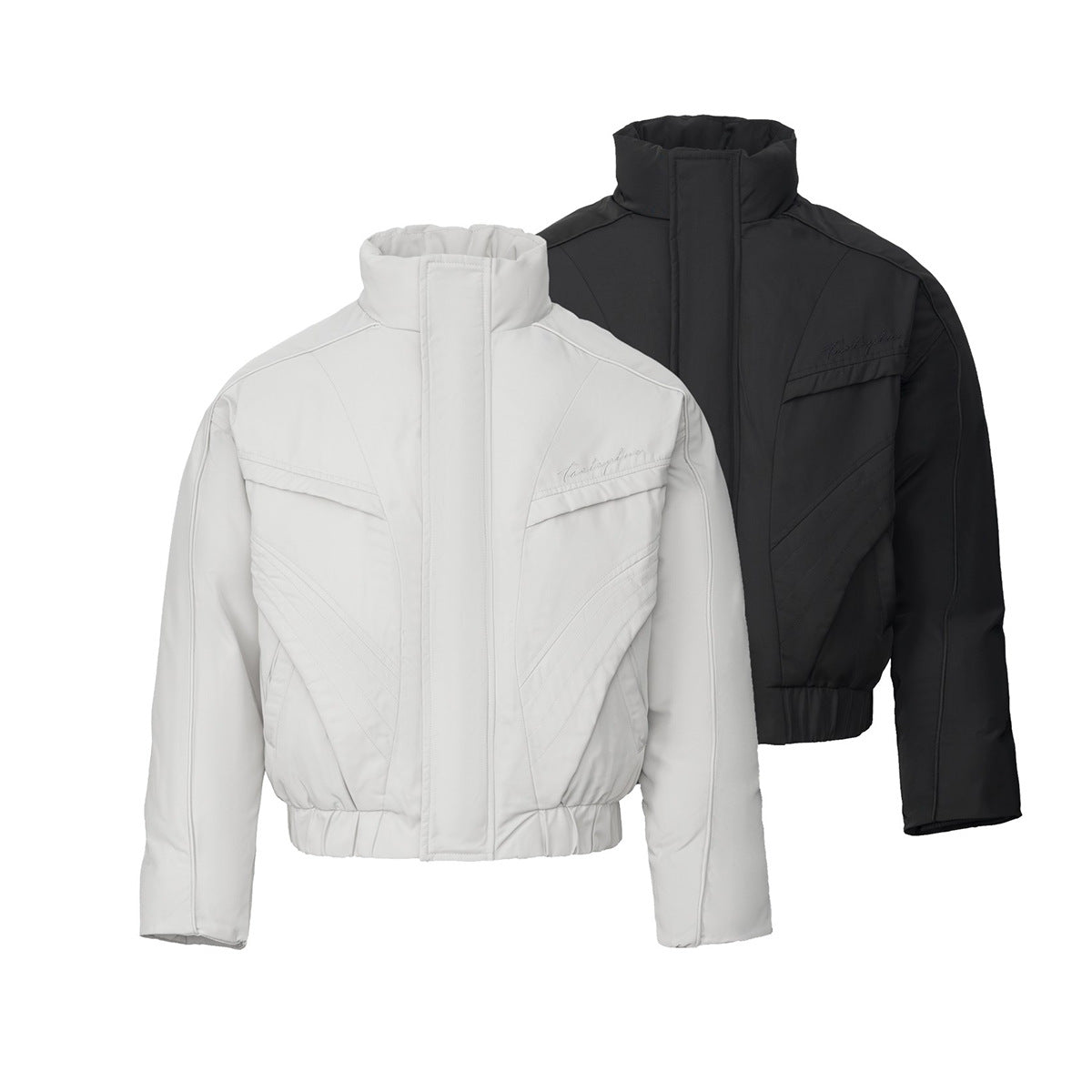 Men's Cropped Puffer Bomber Jacket – Stand Collar, Geometric Seam Detail