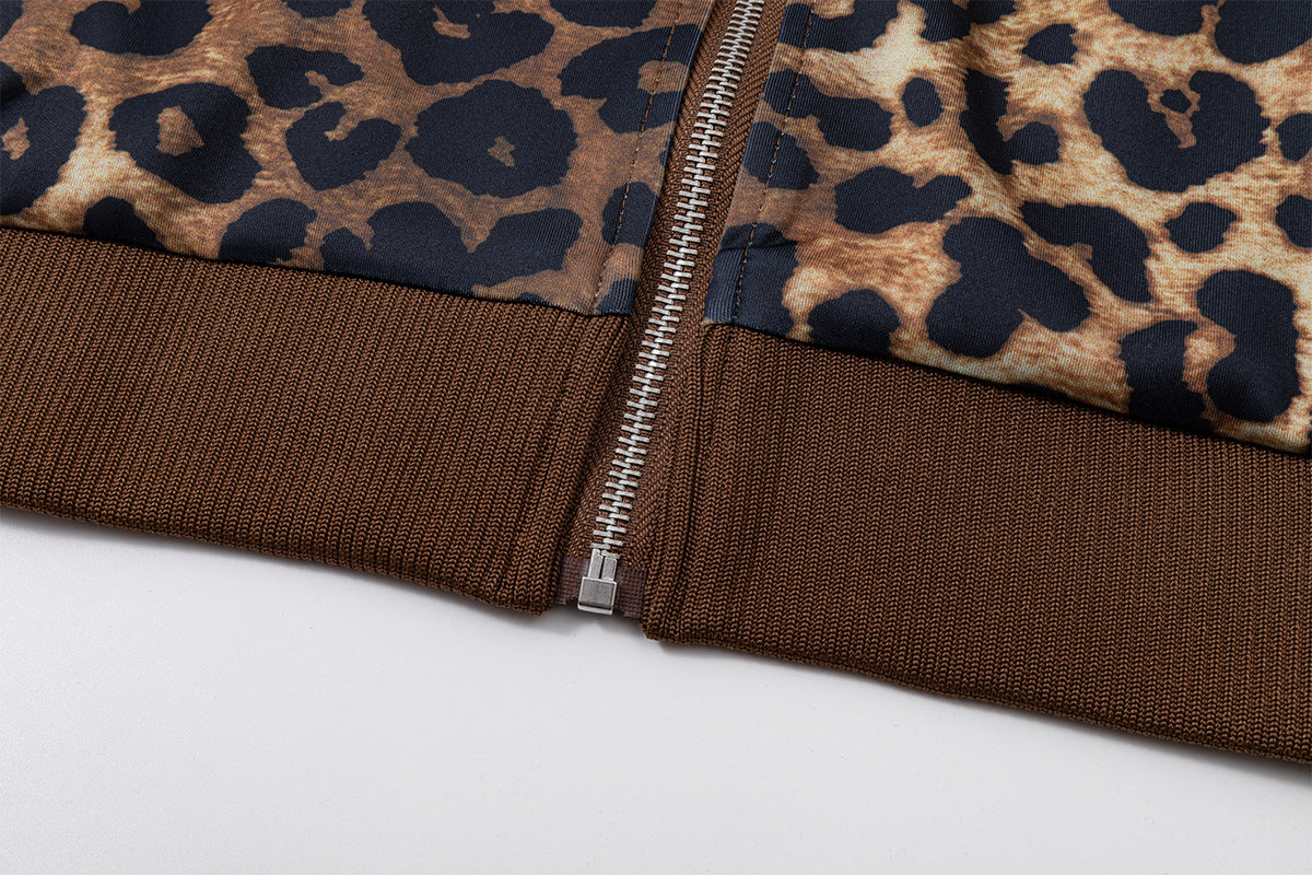 Veste de survêtement imprimé léopard – Col montant zippé et manches à rayures