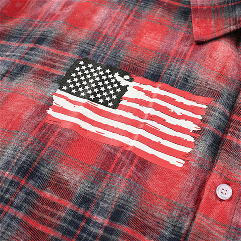 Washed Plaid Long Sleeve Shirt with American Flag Patchwork – Oversized