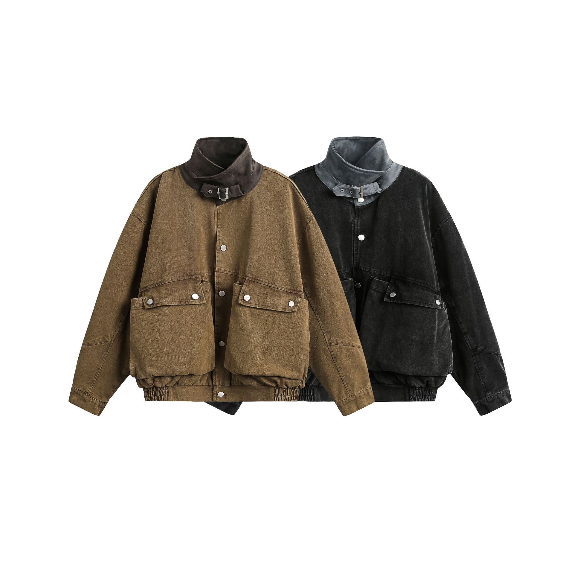 Blouson bomber homme en toile canvas délavée avec grandes poches cargo et col à boucle