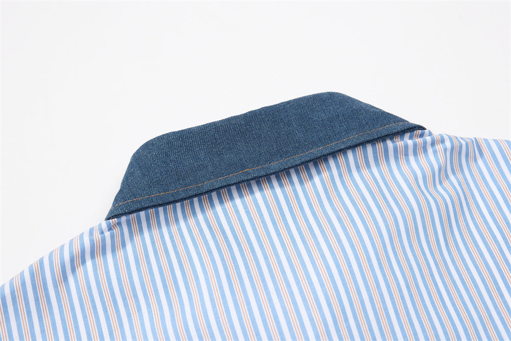 Blue Striped Button-Down Shirt with Beach Embroidery & Denim Collar