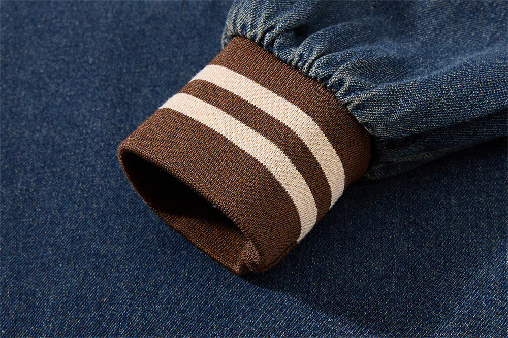 Vintage Washed Denim Sweatshirt – V-Neck Baseball Embroidery Oversized Pullover