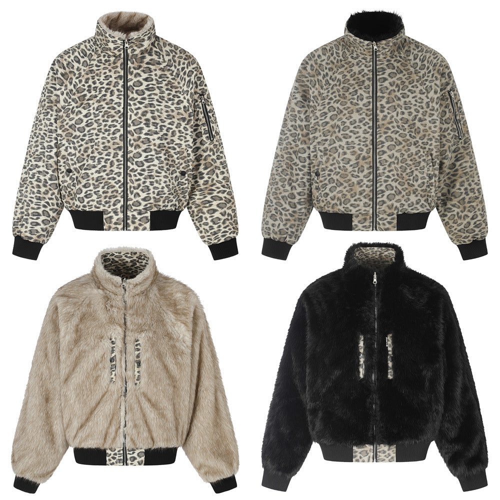 Reversible Faux Fur Leopard Print Bomber Jacket – Men's Oversized Stand Collar