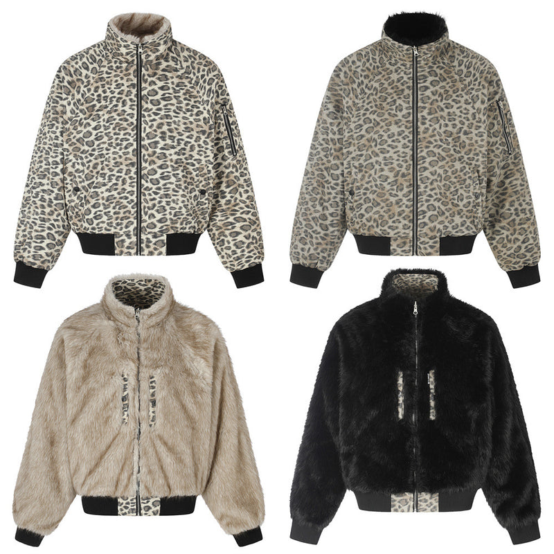 Reversible Faux Fur Leopard Print Bomber Jacket – Men's Oversized Stand Collar
