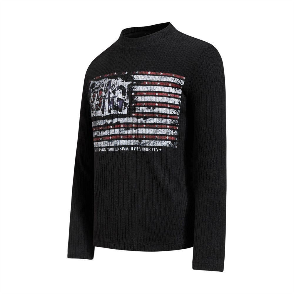 Men's Black Ribbed Long-Sleeve Sweatshirt with Distressed American Flag Graphic