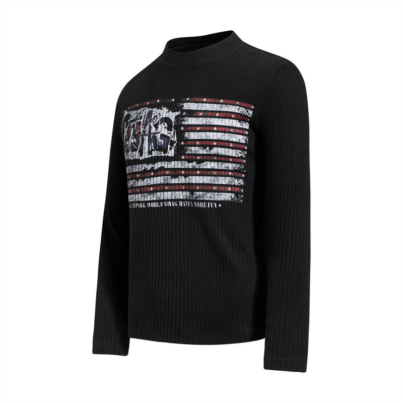 Men's Black Ribbed Long-Sleeve Sweatshirt with Distressed American Flag Graphic