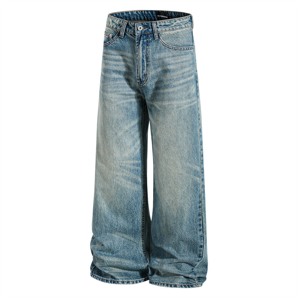 Men's Straight Fit Jeans Baggy Wide-Leg Washed Vintage Light Blue Denim