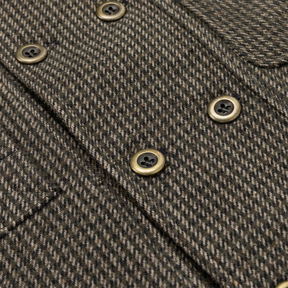 Men's Houndstooth Tweed Jacket – Stand Collar, Multi-Pocket Workwear Coat