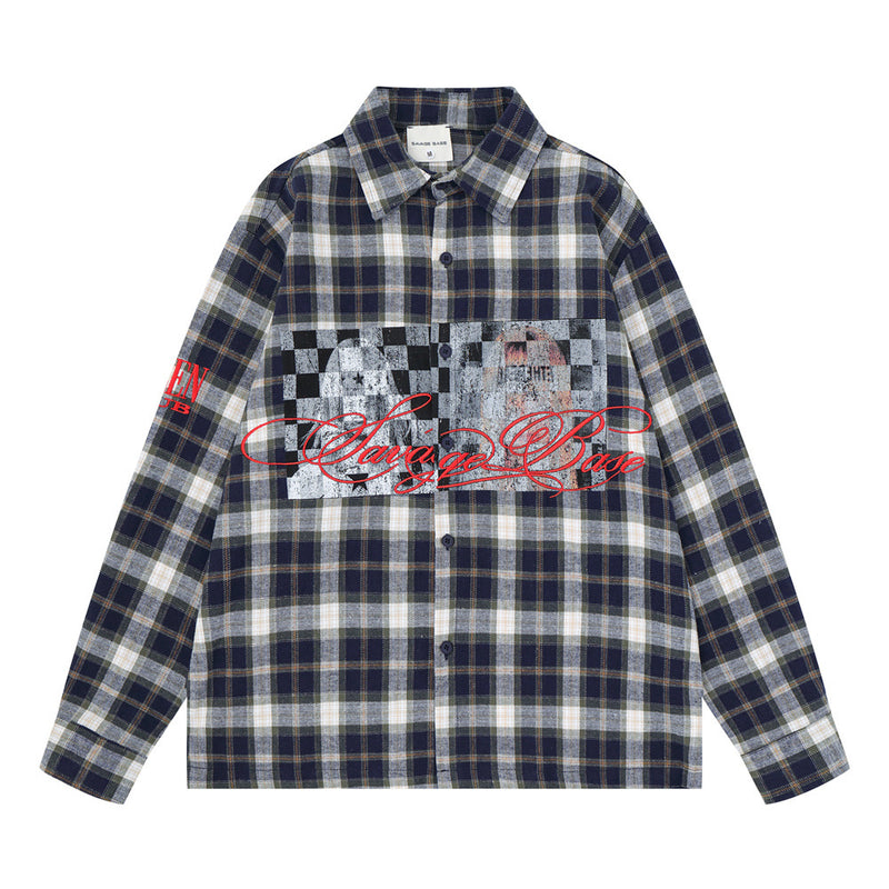 Plaid Flannel Shirt Men's Streetwear Checkerboard Graphic Print Oversized