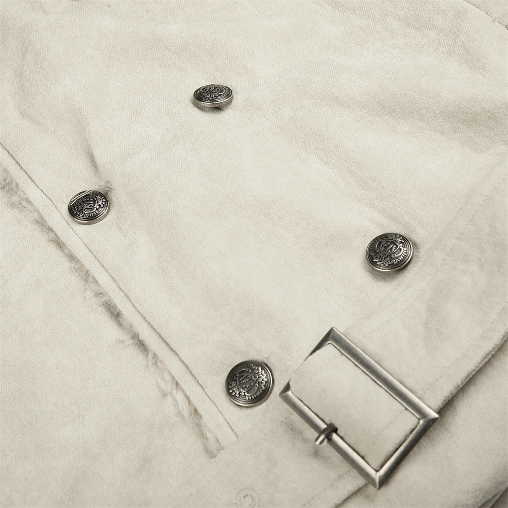 Men's Double-Breasted Sherpa-Collar Belted Jacket with Epaulettes