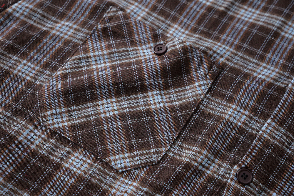 Plaid Long Sleeve Button-Up Shirt with Gothic Letter Embroidery