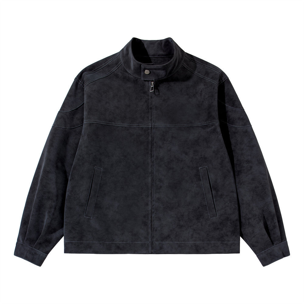 Men's Moto-Style Stand Collar PU Suede Jacket – Oversized Fit