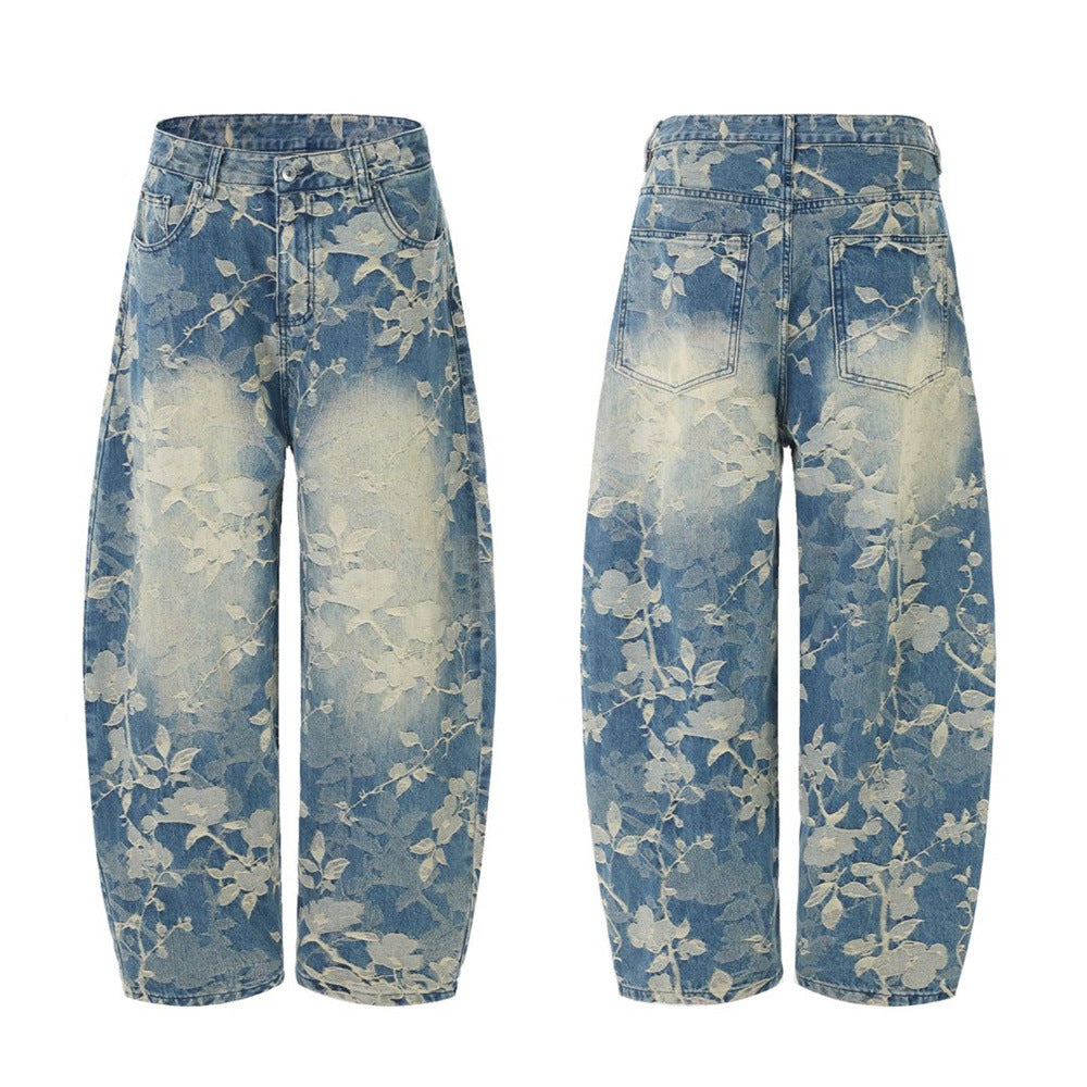 Men's baggy wide-leg jeans with cream floral jacquard weave on vintage washed blue denim, front and back view