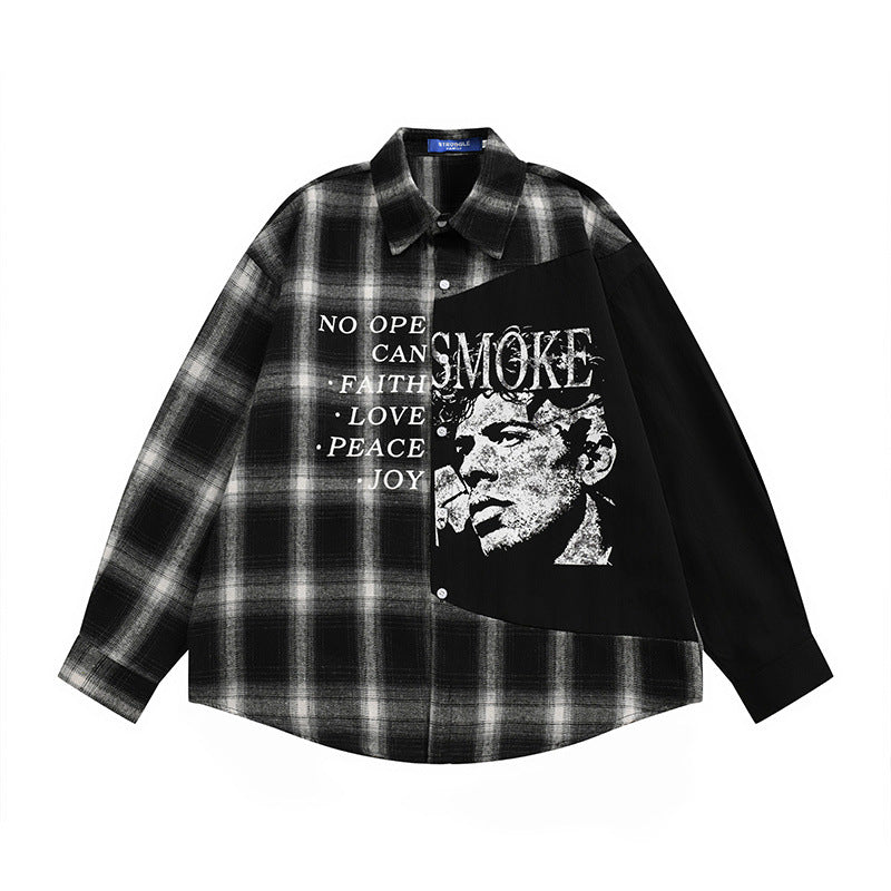 Oversized plaid patchwork long sleeve shirt with black contrast panel and distressed portrait graphic print in red and black