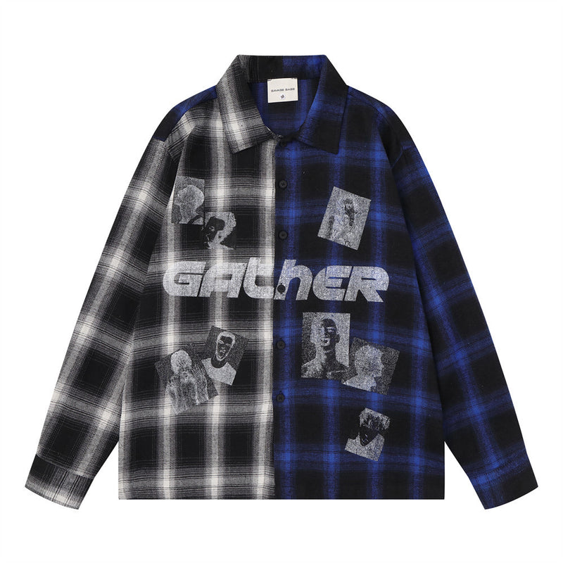 Front view of blue and white plaid colorblock shirt with Gather graphic print and black buttons