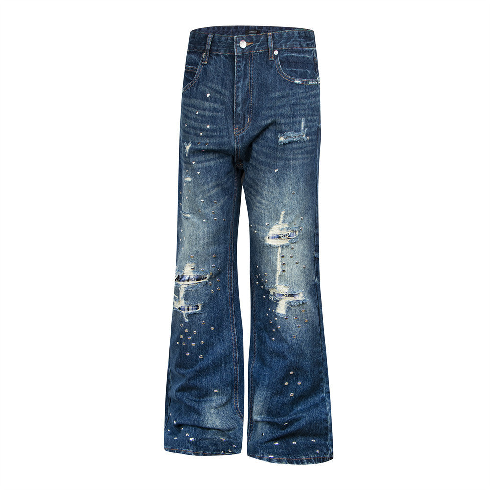 Herren-Bootcut-Jeans im Distressed-Look mit Nieten – Dunkelblauer Flare-Denim mit Karomuster