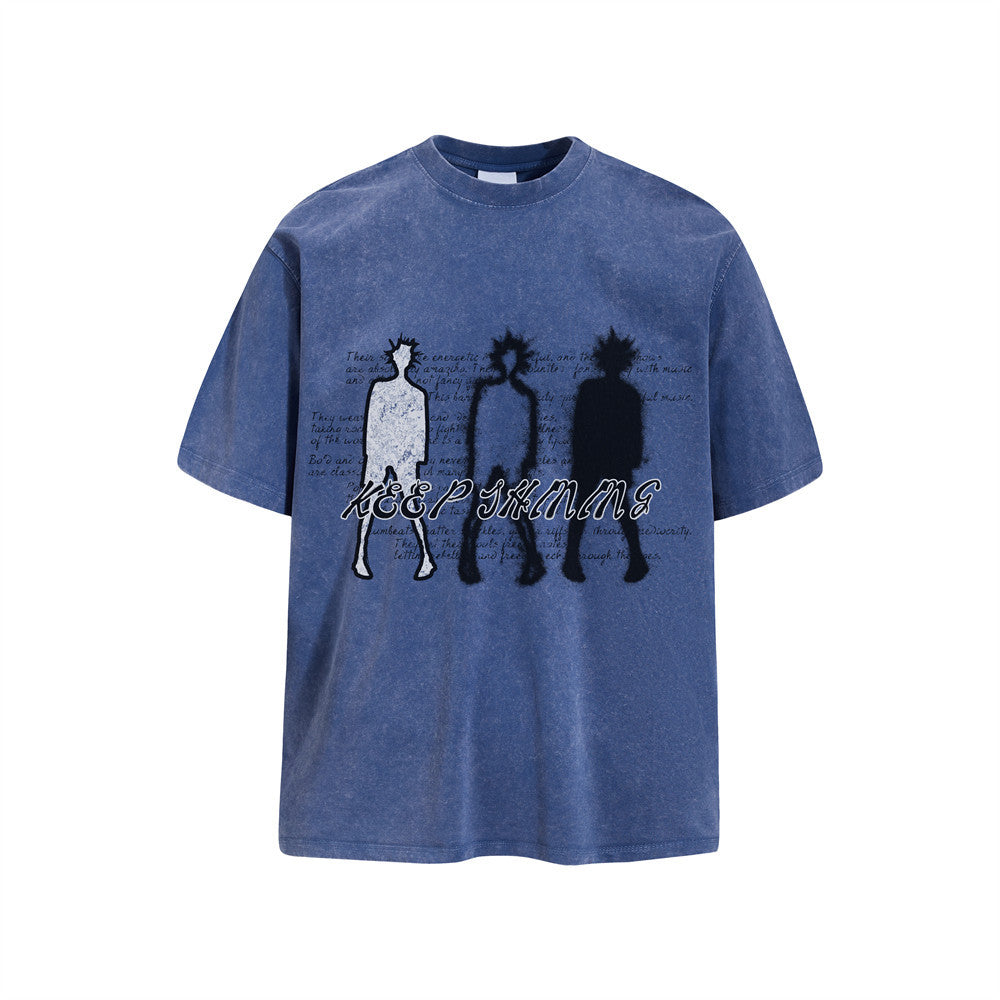 Abstract Shadow Figure Acid Wash Oversized T-Shirt – Vintage Washed Cotton Tee