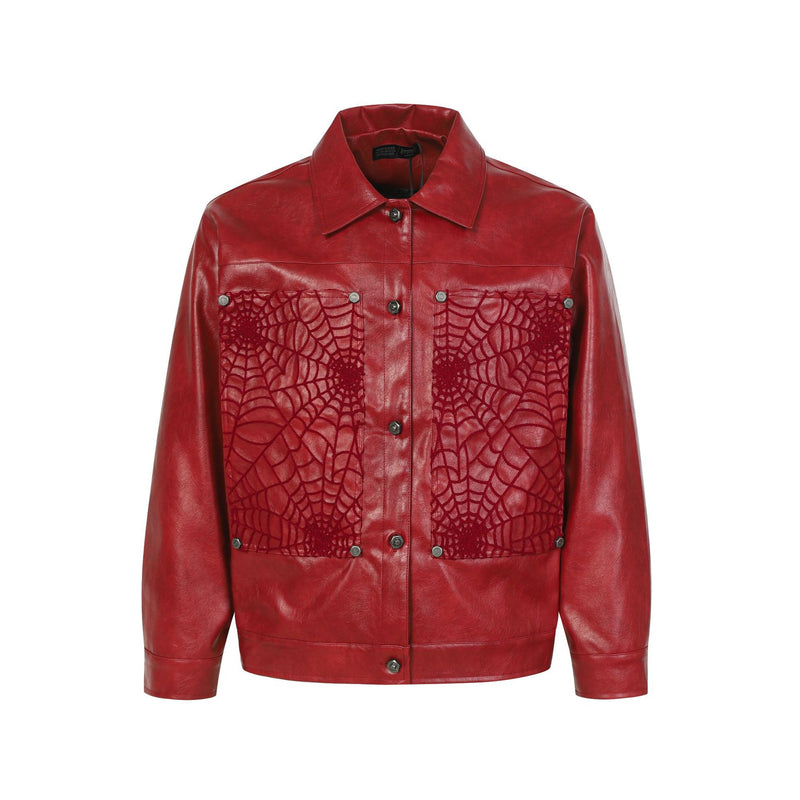 Spiderweb Embroidered PU Leather Jacket – Oversized Moto Fit