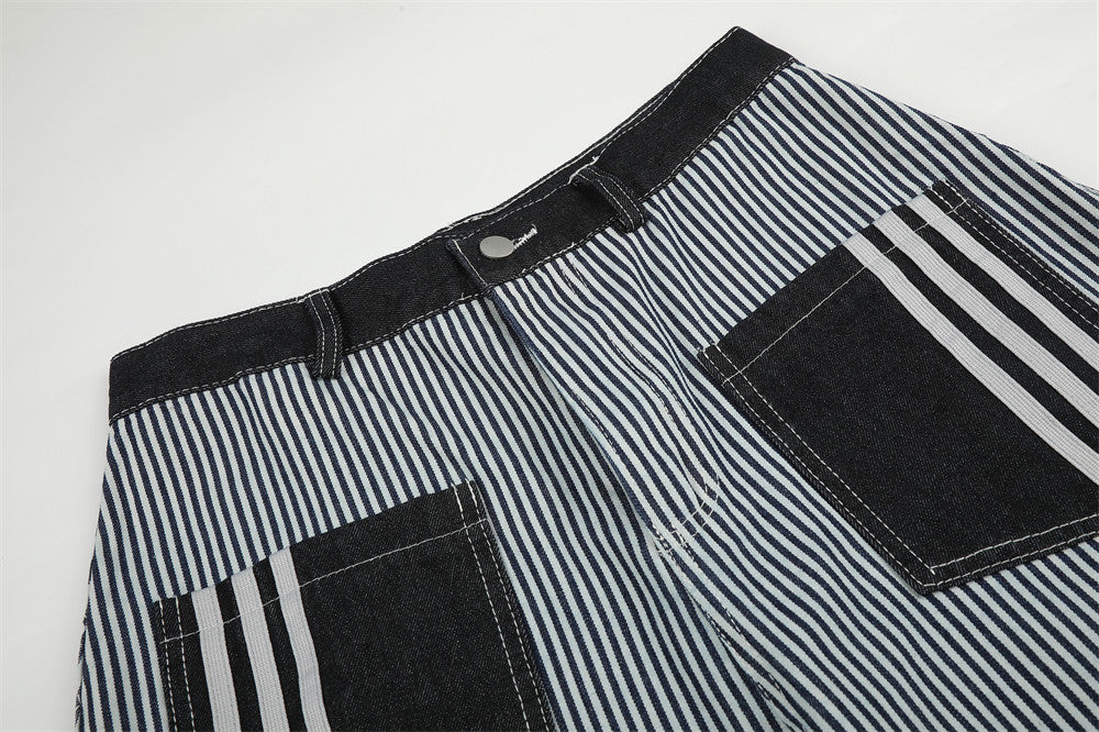 Striped Wide-Leg Barrel Jeans with Contrast Denim Pockets