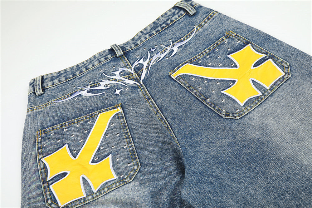Wide-Leg Baggy Jeans with Cross Pocket Embroidery & Washed Distressed Finish