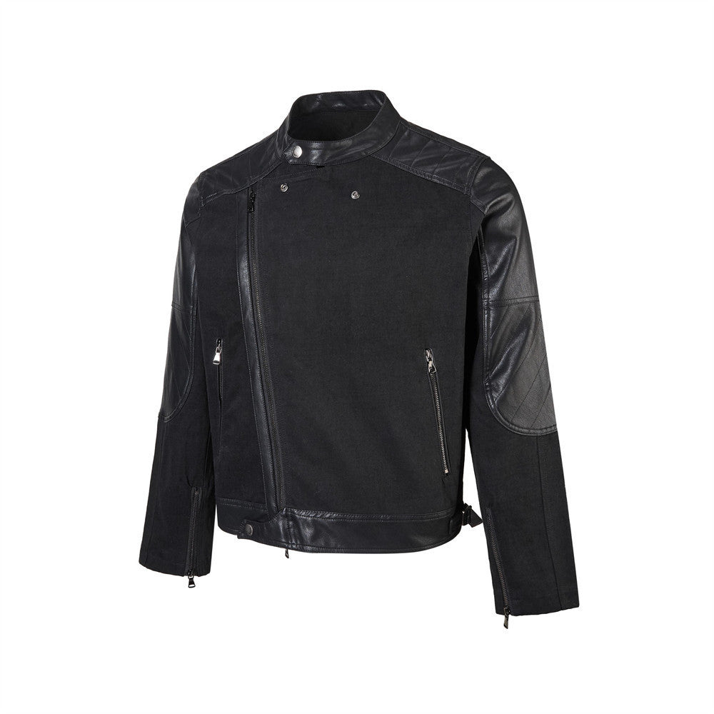 Men's Zip-Up Jacket – Black Moto Biker Style with Asymmetric Zip & Leather