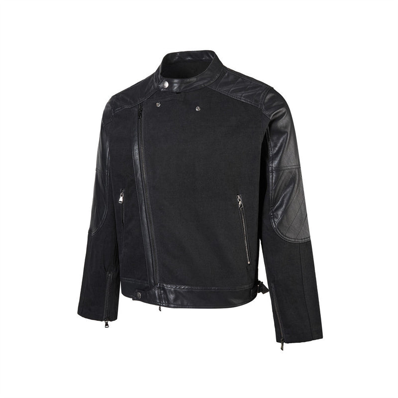 Men's Zip-Up Jacket – Black Moto Biker Style with Asymmetric Zip & Leather