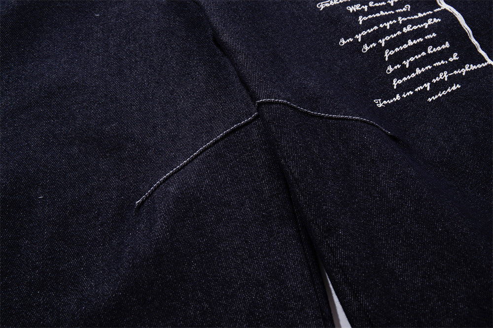 Wide-Leg Jeans with Gothic Cross & Script Embroidery, Button Fly, Dark Indigo
