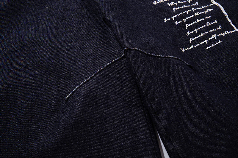 Wide-Leg Jeans with Gothic Cross & Script Embroidery, Button Fly, Dark Indigo