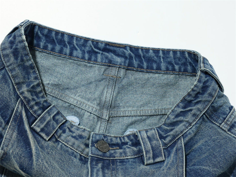 Loose Fit Baggy Jeans Men – Distressed Patchwork Wide-Leg Denim with Raw-Edge