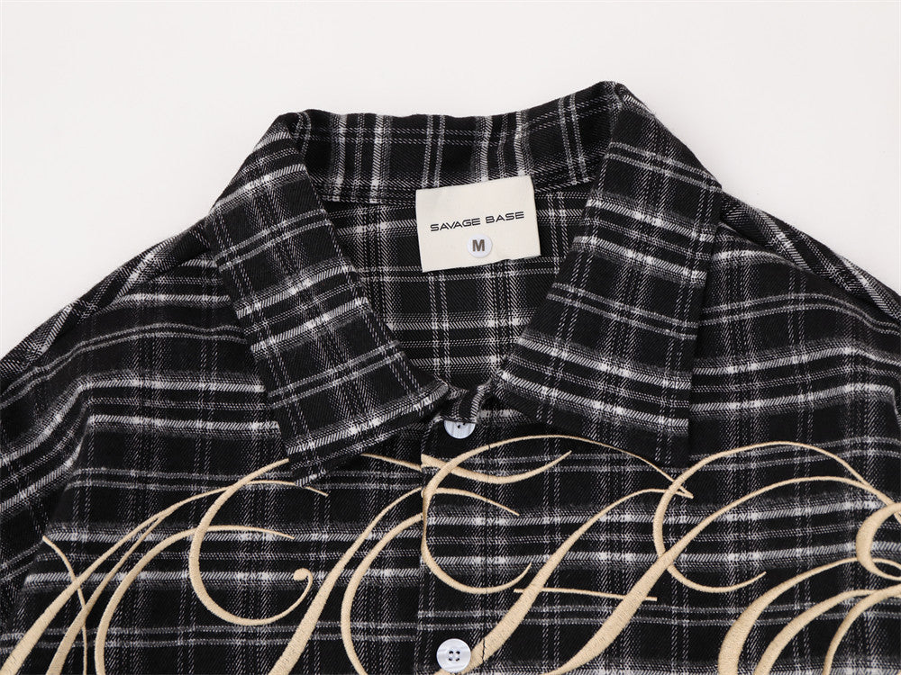 Men's Long Sleeve Plaid Shirt with Script Embroidery – Relaxed Fit