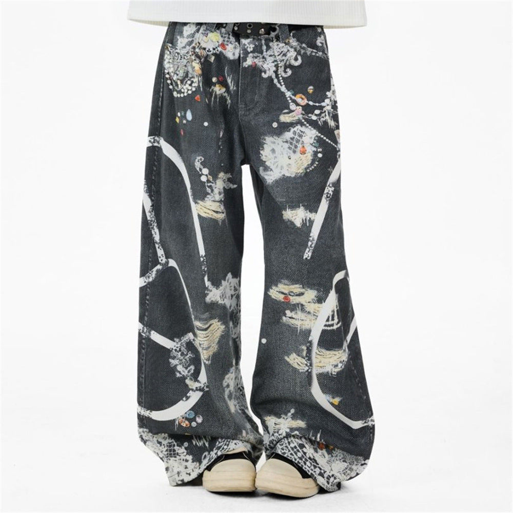 Loose Jeans for Men – Graffiti 3D Print Wide-Leg Dark Wash Denim