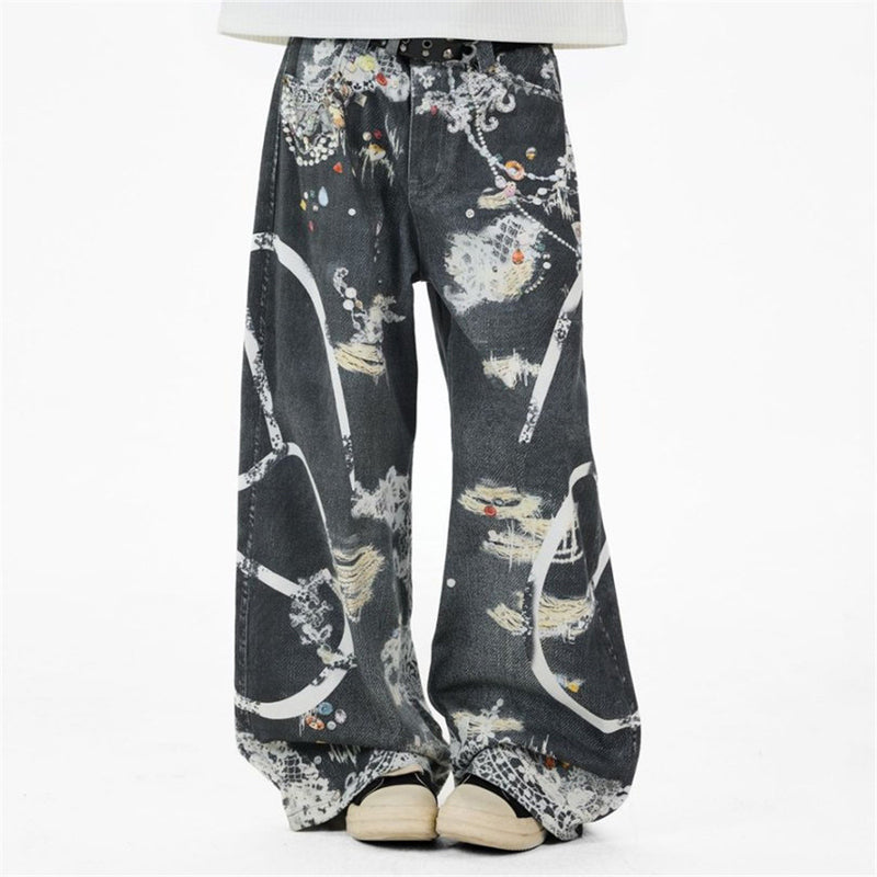 Loose Jeans for Men – Graffiti 3D Print Wide-Leg Dark Wash Denim