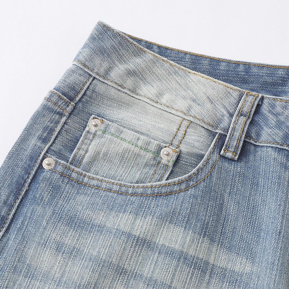 Wide-Leg Baggy Jeans – Men's Light Blue Vintage Washed Straight Denim